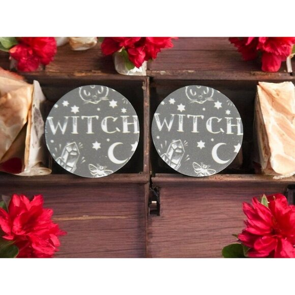 Witch-Themed Car Coasters - Set Of 2 - Moon & Stars Design - Round - Picture 5 of 12